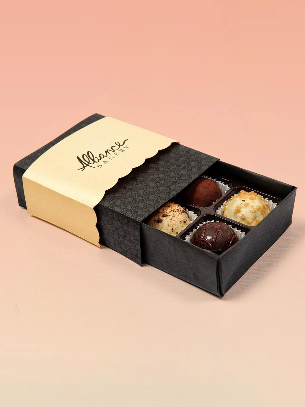 Personalised truffle packaging boxes with inserts made from premium cardboard for secure storage and elegant presentation