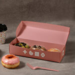 Personalised donut boxes with window display made from eco friendly cardboard for fresh donuts and retail presentation