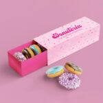 Personalised donut boxes with window display made from eco friendly cardboard for fresh donuts and retail presentation