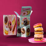 Personalised donut boxes with window display made from eco friendly cardboard for fresh donuts and retail presentation