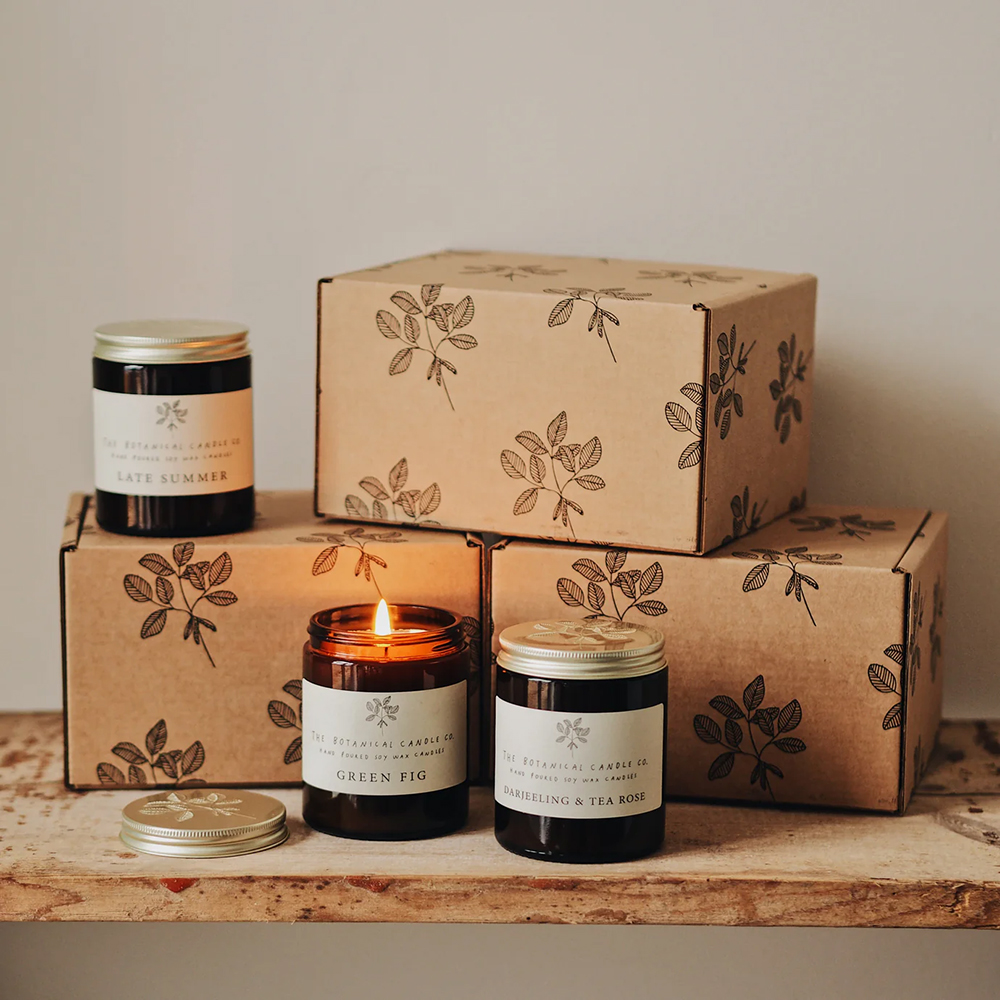 Custom corrugated candle boxes with printed branding for ecommerce delivery and bulk distribution