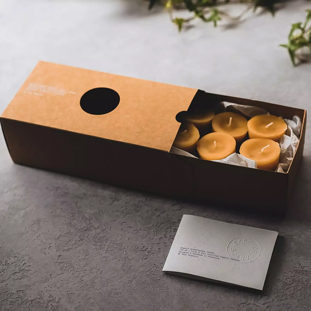 Luxury candle packaging boxes with clear window display designed for scented candles and retail shelf visibility