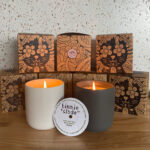 Printed candle dust covers for glass jar candles with fragrance name and safety instructions