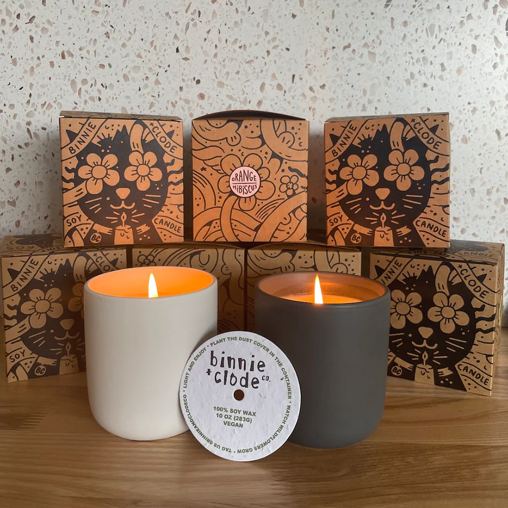 Printed candle dust covers for glass jar candles with fragrance name and safety instructions