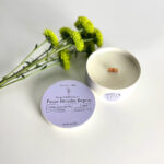 Printed candle dust covers for glass jar candles with fragrance name and safety instructions