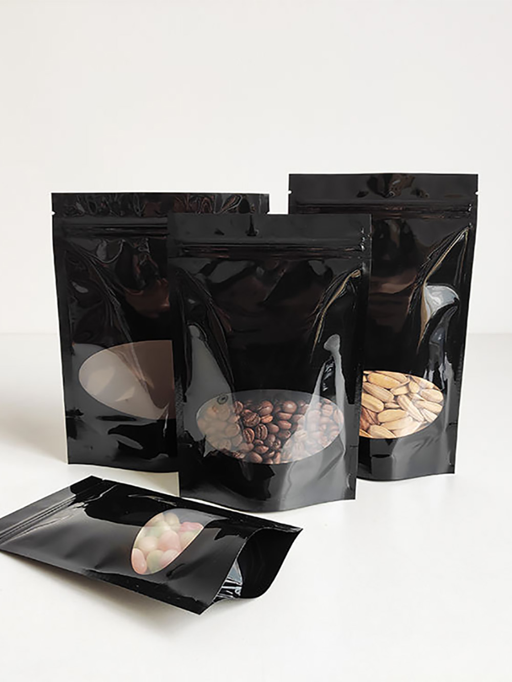 Black Glossy Stand Up Pouches with Window