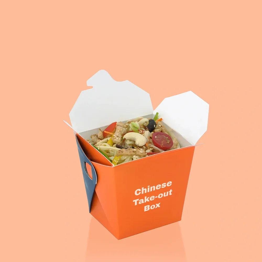 Eco-friendly personalized Chinese takeout boxes – recyclable kraft & cardboard packaging with full-color CMYK printing for restaurants & catering services